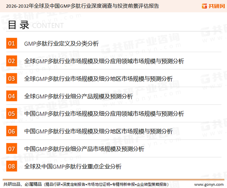 为确保GMP多肽行业数据精准性以及内容的可参考价值，共研产业研究院团队通过上市公司年报、厂家调研、经销商座谈、专家验证等多渠道开展数据采集工作，并运用共研自主建立的产业分析模型，结合市场、行业和厂商进行深度剖析，能够反映当前市场现状、热点、动态及未来趋势，使从业者能够从多种维度、多个侧面综合了解当前GMP多肽行业的发展态势。