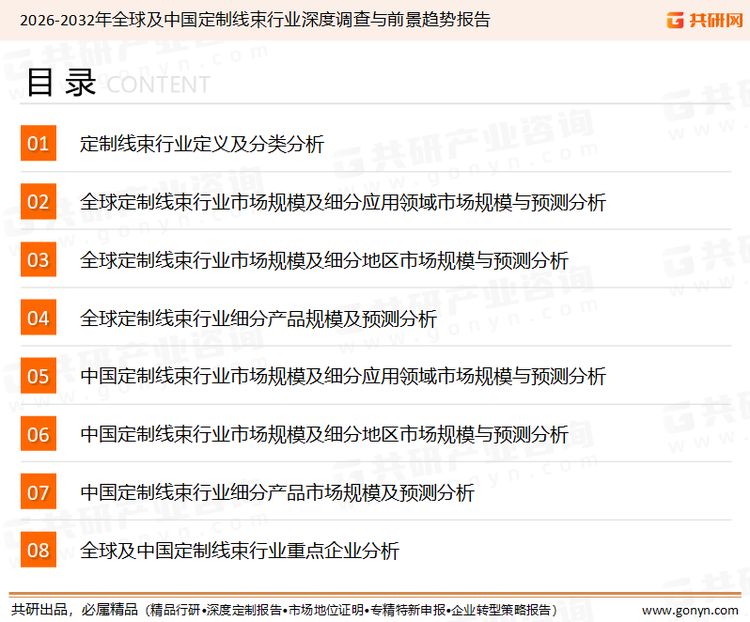 为确保定制线束行业数据精准性以及内容的可参考价值，共研产业研究院团队通过上市公司年报、厂家调研、经销商座谈、专家验证等多渠道开展数据采集工作，并运用共研自主建立的产业分析模型，结合市场、行业和厂商进行深度剖析，能够反映当前市场现状、热点、动态及未来趋势，使从业者能够从多种维度、多个侧面综合了解当前定制线束行业的发展态势。