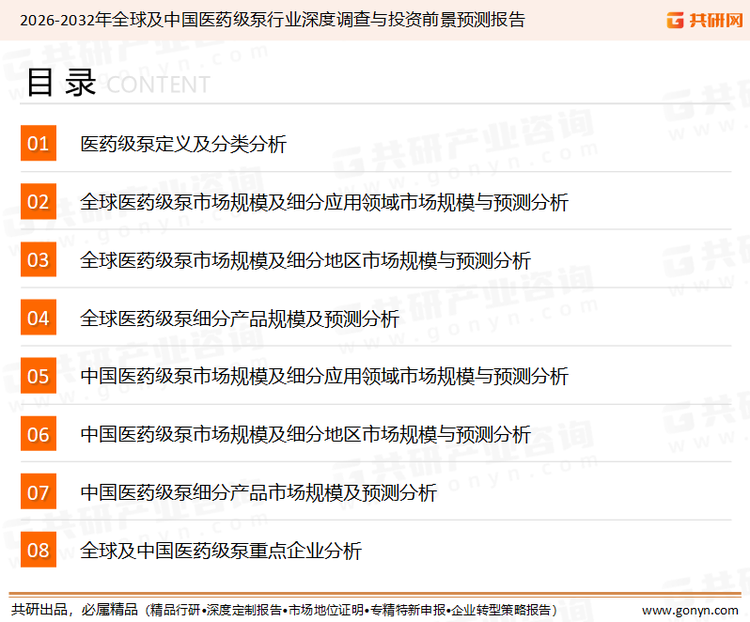 为确保医药级泵行业数据精准性以及内容的可参考价值，共研产业研究院团队通过上市公司年报、厂家调研、经销商座谈、专家验证等多渠道开展数据采集工作，并运用共研自主建立的产业分析模型，结合市场、行业和厂商进行深度剖析，能够反映当前市场现状、热点、动态及未来趋势，使从业者能够从多种维度、多个侧面综合了解当前医药级泵行业的发展态势。