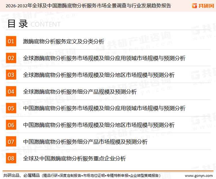 为确保激酶底物分析服务行业数据精准性以及内容的可参考价值，共研产业研究院团队通过上市公司年报、厂家调研、经销商座谈、专家验证等多渠道开展数据采集工作，并运用共研自主建立的产业分析模型，结合市场、行业和厂商进行深度剖析，能够反映当前市场现状、热点、动态及未来趋势，使从业者能够从多种维度、多个侧面综合了解当前激酶底物分析服务行业的发展态势。