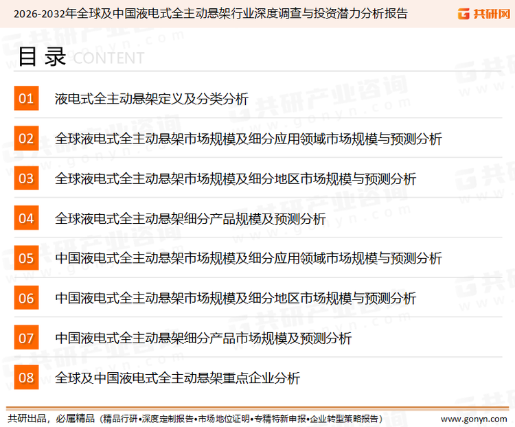 为确保液电式全主动悬架行业数据精准性以及内容的可参考价值，共研产业研究院团队通过上市公司年报、厂家调研、经销商座谈、专家验证等多渠道开展数据采集工作，并运用共研自主建立的产业分析模型，结合市场、行业和厂商进行深度剖析，能够反映当前市场现状、热点、动态及未来趋势，使从业者能够从多种维度、多个侧面综合了解当前液电式全主动悬架行业的发展态势。