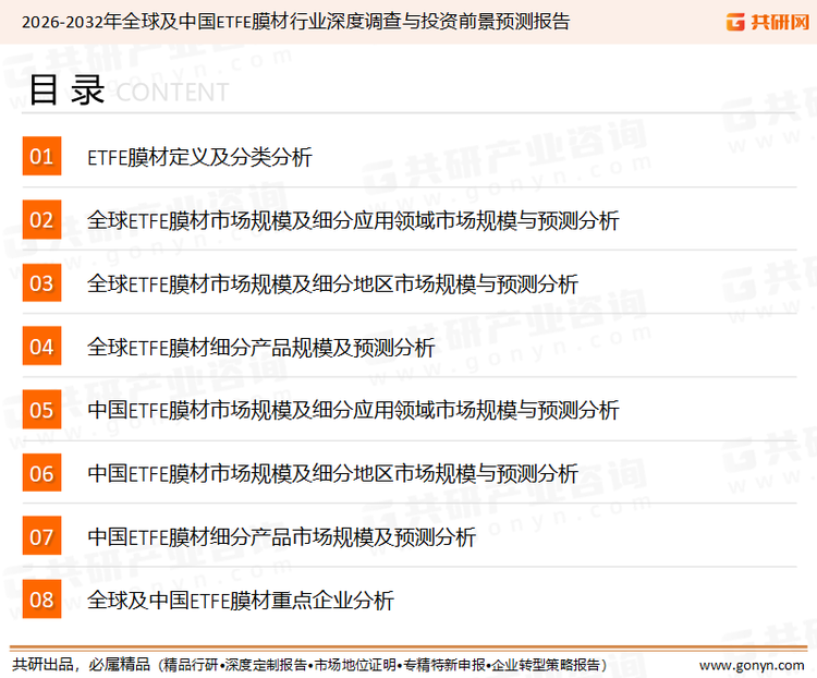 为确保ETFE膜材行业数据精准性以及内容的可参考价值，共研产业研究院团队通过上市公司年报、厂家调研、经销商座谈、专家验证等多渠道开展数据采集工作，并运用共研自主建立的产业分析模型，结合市场、行业和厂商进行深度剖析，能够反映当前市场现状、热点、动态及未来趋势，使从业者能够从多种维度、多个侧面综合了解当前ETFE膜材行业的发展态势。