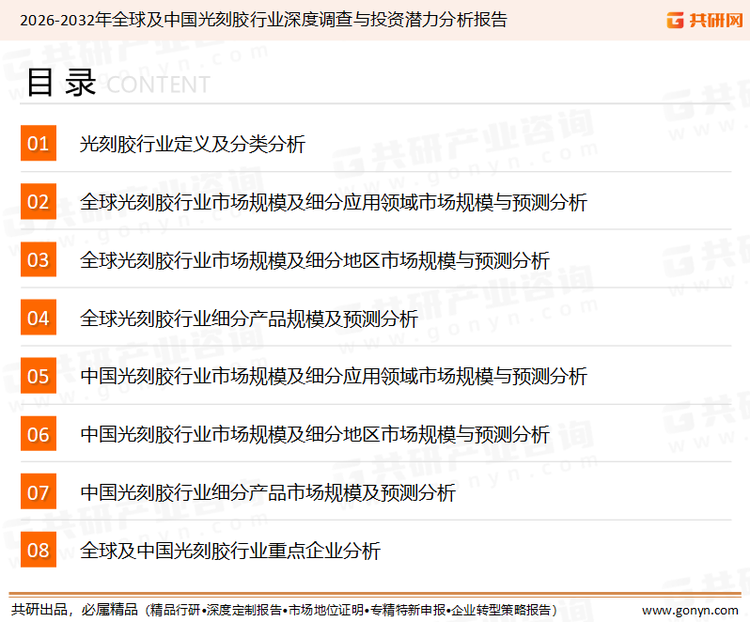 为确保光刻胶行业数据精准性以及内容的可参考价值，共研产业研究院团队通过上市公司年报、厂家调研、经销商座谈、专家验证等多渠道开展数据采集工作，并运用共研自主建立的产业分析模型，结合市场、行业和厂商进行深度剖析，能够反映当前市场现状、热点、动态及未来趋势，使从业者能够从多种维度、多个侧面综合了解当前光刻胶行业的发展态势。