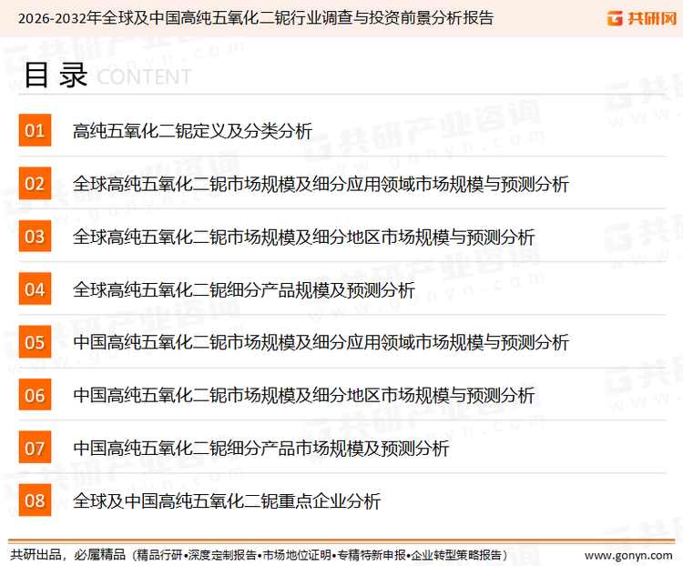 为确保高纯五氧化二铌行业数据精准性以及内容的可参考价值，共研产业研究院团队通过上市公司年报、厂家调研、经销商座谈、专家验证等多渠道开展数据采集工作，并运用共研自主建立的产业分析模型，结合市场、行业和厂商进行深度剖析，能够反映当前市场现状、热点、动态及未来趋势，使从业者能够从多种维度、多个侧面综合了解当前高纯五氧化二铌行业的发展态势。