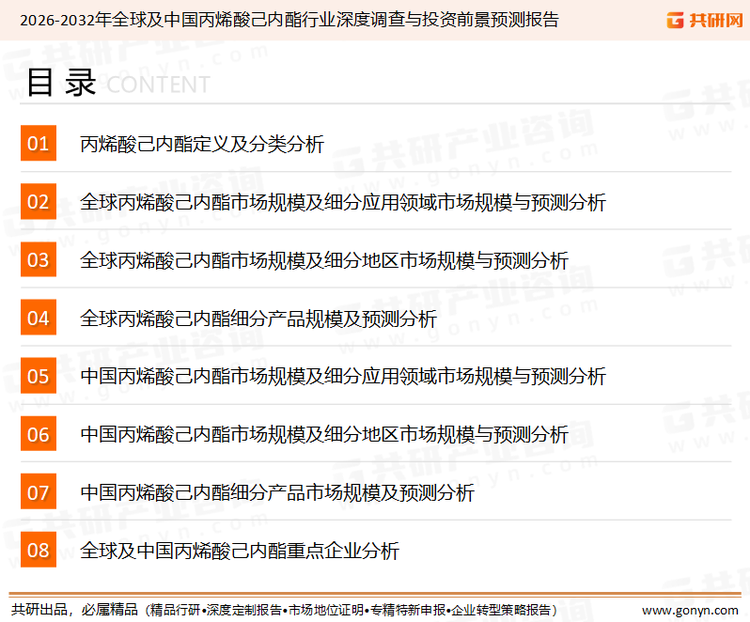 为确保丙烯酸己内酯行业数据精准性以及内容的可参考价值，共研产业研究院团队通过上市公司年报、厂家调研、经销商座谈、专家验证等多渠道开展数据采集工作，并运用共研自主建立的产业分析模型，结合市场、行业和厂商进行深度剖析，能够反映当前市场现状、热点、动态及未来趋势，使从业者能够从多种维度、多个侧面综合了解当前丙烯酸己内酯行业的发展态势。