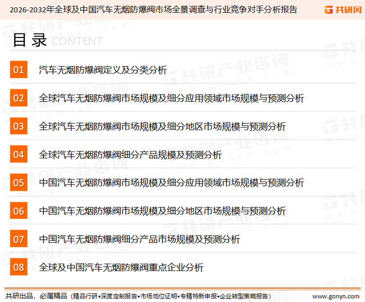 为确保汽车无烟防爆阀行业数据精准性以及内容的可参考价值，共研产业研究院团队通过上市公司年报、厂家调研、经销商座谈、专家验证等多渠道开展数据采集工作，并运用共研自主建立的产业分析模型，结合市场、行业和厂商进行深度剖析，能够反映当前市场现状、热点、动态及未来趋势，使从业者能够从多种维度、多个侧面综合了解当前汽车无烟防爆阀行业的发展态势。