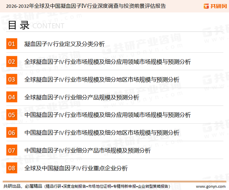 为确保凝血因子Ⅳ行业数据精准性以及内容的可参考价值，共研产业研究院团队通过上市公司年报、厂家调研、经销商座谈、专家验证等多渠道开展数据采集工作，并运用共研自主建立的产业分析模型，结合市场、行业和厂商进行深度剖析，能够反映当前市场现状、热点、动态及未来趋势，使从业者能够从多种维度、多个侧面综合了解当前凝血因子Ⅳ行业的发展态势。