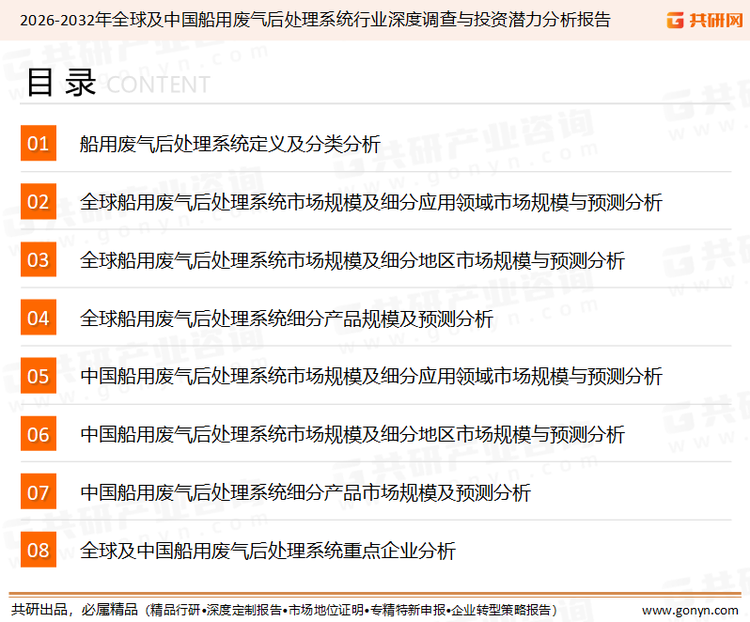 为确保船用废气后处理系统行业数据精准性以及内容的可参考价值，共研产业研究院团队通过上市公司年报、厂家调研、经销商座谈、专家验证等多渠道开展数据采集工作，并运用共研自主建立的产业分析模型，结合市场、行业和厂商进行深度剖析，能够反映当前市场现状、热点、动态及未来趋势，使从业者能够从多种维度、多个侧面综合了解当前船用废气后处理系统行业的发展态势。