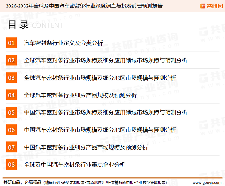 为确保汽车密封条行业数据精准性以及内容的可参考价值，共研产业研究院团队通过上市公司年报、厂家调研、经销商座谈、专家验证等多渠道开展数据采集工作，并运用共研自主建立的产业分析模型，结合市场、行业和厂商进行深度剖析，能够反映当前市场现状、热点、动态及未来趋势，使从业者能够从多种维度、多个侧面综合了解当前汽车密封条行业的发展态势。