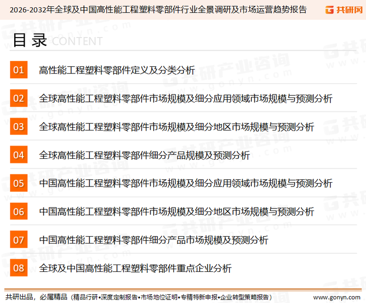 为确保高性能工程塑料零部件行业数据精准性以及内容的可参考价值，共研产业研究院团队通过上市公司年报、厂家调研、经销商座谈、专家验证等多渠道开展数据采集工作，并运用共研自主建立的产业分析模型，结合市场、行业和厂商进行深度剖析，能够反映当前市场现状、热点、动态及未来趋势，使从业者能够从多种维度、多个侧面综合了解当前高性能工程塑料零部件行业的发展态势。