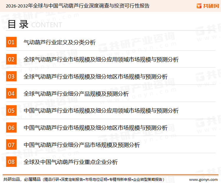 为确保气动葫芦行业数据精准性以及内容的可参考价值，共研产业研究院团队通过上市公司年报、厂家调研、经销商座谈、专家验证等多渠道开展数据采集工作，并运用共研自主建立的产业分析模型，结合市场、行业和厂商进行深度剖析，能够反映当前市场现状、热点、动态及未来趋势，使从业者能够从多种维度、多个侧面综合了解当前气动葫芦行业的发展态势。