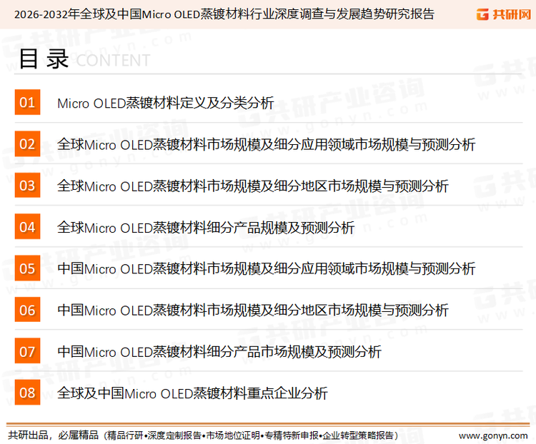 为确保Micro OLED蒸镀材料行业数据精准性以及内容的可参考价值，共研产业研究院团队通过上市公司年报、厂家调研、经销商座谈、专家验证等多渠道开展数据采集工作，并运用共研自主建立的产业分析模型，结合市场、行业和厂商进行深度剖析，能够反映当前市场现状、热点、动态及未来趋势，使从业者能够从多种维度、多个侧面综合了解当前Micro OLED蒸镀材料行业的发展态势。