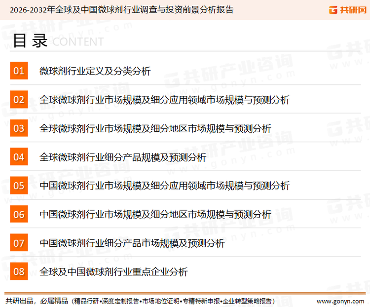 为确保微球剂行业数据精准性以及内容的可参考价值，共研产业研究院团队通过上市公司年报、厂家调研、经销商座谈、专家验证等多渠道开展数据采集工作，并运用共研自主建立的产业分析模型，结合市场、行业和厂商进行深度剖析，能够反映当前市场现状、热点、动态及未来趋势，使从业者能够从多种维度、多个侧面综合了解当前微球剂行业的发展态势。