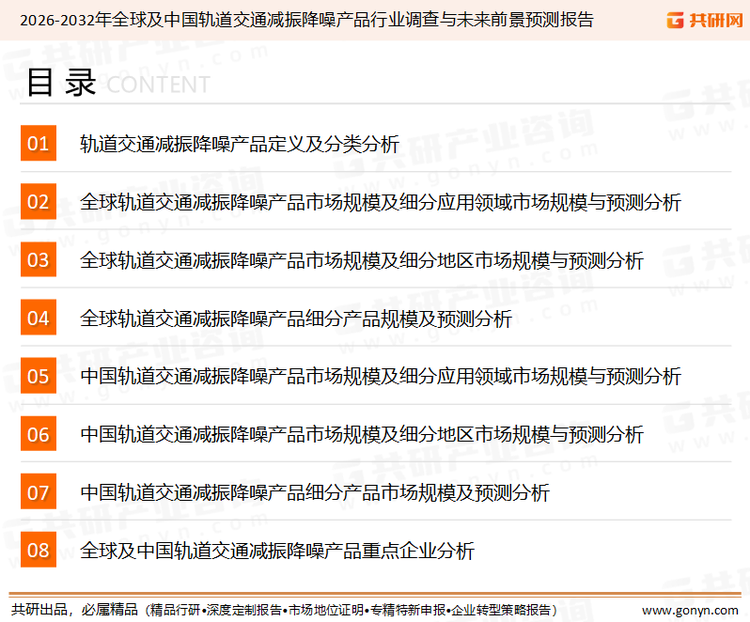 为确保轨道交通减振降噪产品行业数据精准性以及内容的可参考价值，共研产业研究院团队通过上市公司年报、厂家调研、经销商座谈、专家验证等多渠道开展数据采集工作，并运用共研自主建立的产业分析模型，结合市场、行业和厂商进行深度剖析，能够反映当前市场现状、热点、动态及未来趋势，使从业者能够从多种维度、多个侧面综合了解当前轨道交通减振降噪产品行业的发展态势。