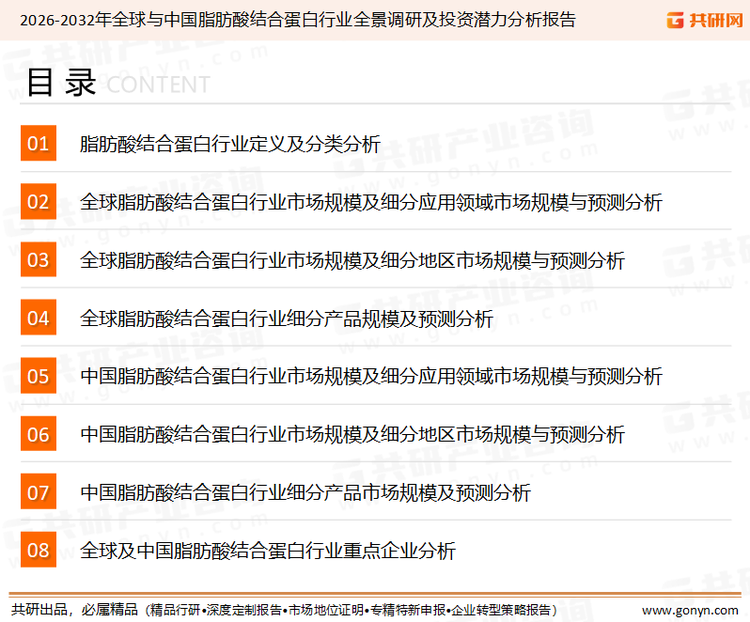 为确保脂肪酸结合蛋白行业数据精准性以及内容的可参考价值，共研产业研究院团队通过上市公司年报、厂家调研、经销商座谈、专家验证等多渠道开展数据采集工作，并运用共研自主建立的产业分析模型，结合市场、行业和厂商进行深度剖析，能够反映当前市场现状、热点、动态及未来趋势，使从业者能够从多种维度、多个侧面综合了解当前脂肪酸结合蛋白行业的发展态势。