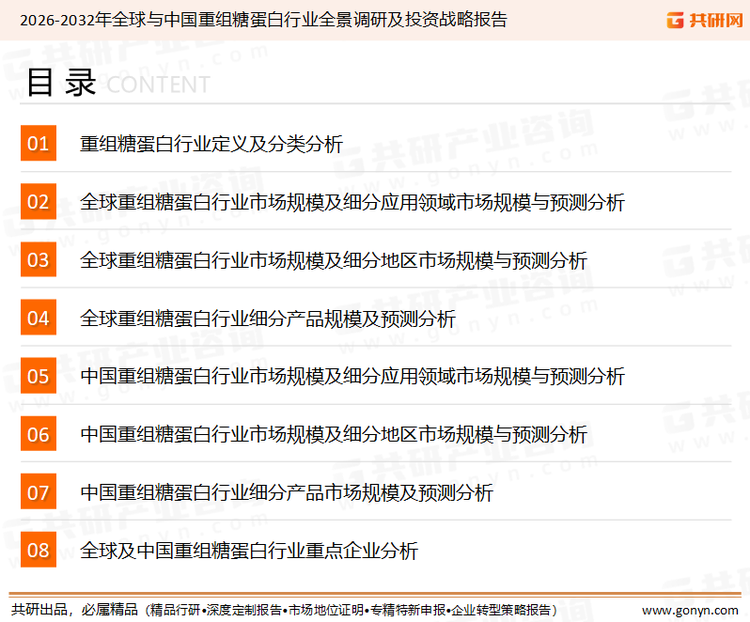 为确保重组糖蛋白行业数据精准性以及内容的可参考价值，共研产业研究院团队通过上市公司年报、厂家调研、经销商座谈、专家验证等多渠道开展数据采集工作，并运用共研自主建立的产业分析模型，结合市场、行业和厂商进行深度剖析，能够反映当前市场现状、热点、动态及未来趋势，使从业者能够从多种维度、多个侧面综合了解当前重组糖蛋白行业的发展态势。