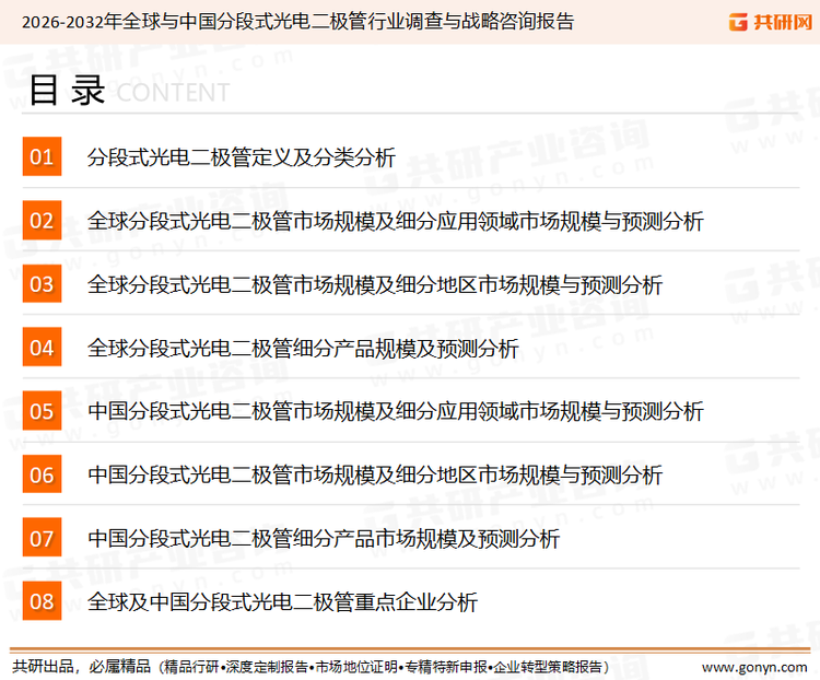 为确保分段式光电二极管行业数据精准性以及内容的可参考价值，共研产业研究院团队通过上市公司年报、厂家调研、经销商座谈、专家验证等多渠道开展数据采集工作，并运用共研自主建立的产业分析模型，结合市场、行业和厂商进行深度剖析，能够反映当前市场现状、热点、动态及未来趋势，使从业者能够从多种维度、多个侧面综合了解当前分段式光电二极管行业的发展态势。