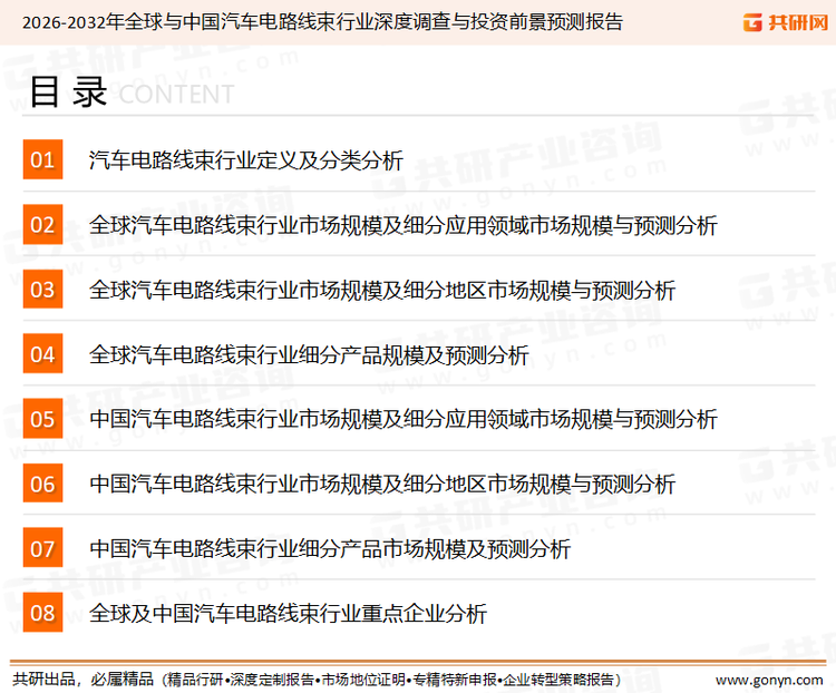 为确保汽车电路线束行业数据精准性以及内容的可参考价值，共研产业研究院团队通过上市公司年报、厂家调研、经销商座谈、专家验证等多渠道开展数据采集工作，并运用共研自主建立的产业分析模型，结合市场、行业和厂商进行深度剖析，能够反映当前市场现状、热点、动态及未来趋势，使从业者能够从多种维度、多个侧面综合了解当前汽车电路线束行业的发展态势。