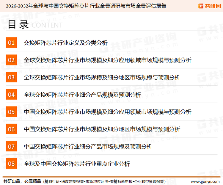 为确保交换矩阵芯片行业数据精准性以及内容的可参考价值，共研产业研究院团队通过上市公司年报、厂家调研、经销商座谈、专家验证等多渠道开展数据采集工作，并运用共研自主建立的产业分析模型，结合市场、行业和厂商进行深度剖析，能够反映当前市场现状、热点、动态及未来趋势，使从业者能够从多种维度、多个侧面综合了解当前交换矩阵芯片行业的发展态势。