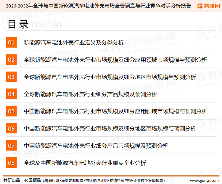 为确保新能源汽车电池外壳行业数据精准性以及内容的可参考价值，共研产业研究院团队通过上市公司年报、厂家调研、经销商座谈、专家验证等多渠道开展数据采集工作，并运用共研自主建立的产业分析模型，结合市场、行业和厂商进行深度剖析，能够反映当前市场现状、热点、动态及未来趋势，使从业者能够从多种维度、多个侧面综合了解当前新能源汽车电池外壳行业的发展态势。