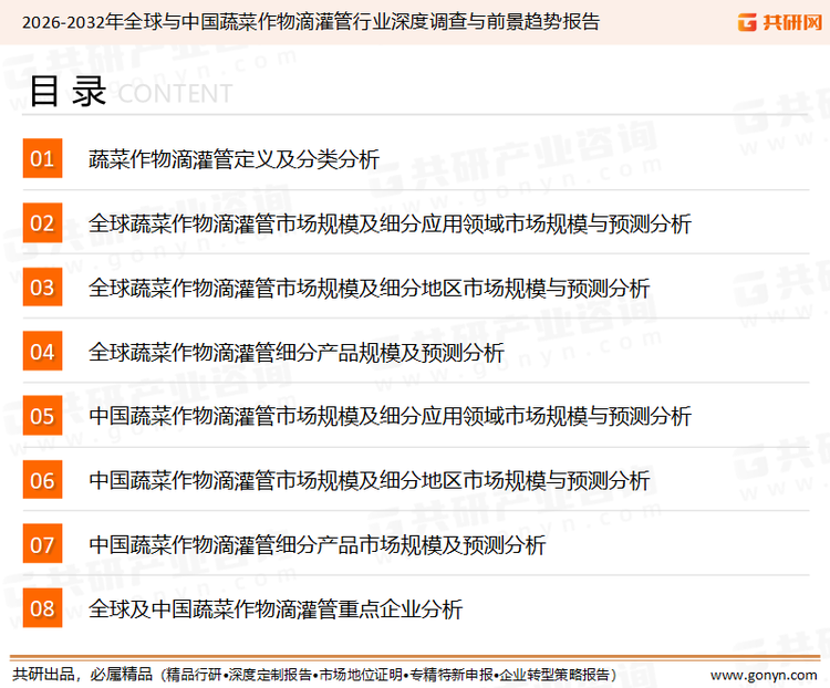 为确保蔬菜作物滴灌管行业数据精准性以及内容的可参考价值，共研产业研究院团队通过上市公司年报、厂家调研、经销商座谈、专家验证等多渠道开展数据采集工作，并运用共研自主建立的产业分析模型，结合市场、行业和厂商进行深度剖析，能够反映当前市场现状、热点、动态及未来趋势，使从业者能够从多种维度、多个侧面综合了解当前蔬菜作物滴灌管行业的发展态势。