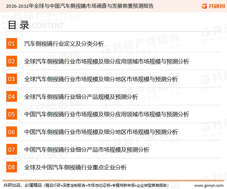 为确保汽车侧视镜行业数据精准性以及内容的可参考价值，共研产业研究院团队通过上市公司年报、厂家调研、经销商座谈、专家验证等多渠道开展数据采集工作，并运用共研自主建立的产业分析模型，结合市场、行业和厂商进行深度剖析，能够反映当前市场现状、热点、动态及未来趋势，使从业者能够从多种维度、多个侧面综合了解当前汽车侧视镜行业的发展态势。