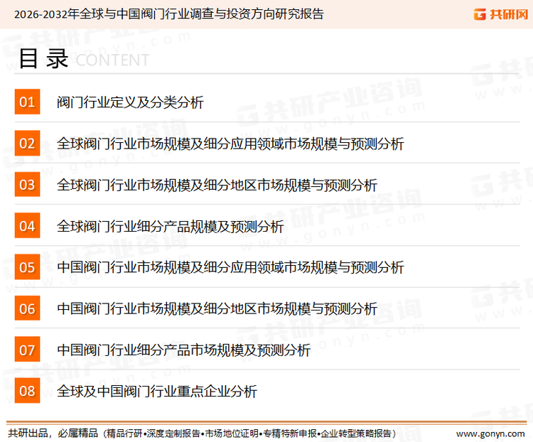 为确保阀门行业数据精准性以及内容的可参考价值，共研产业研究院团队通过上市公司年报、厂家调研、经销商座谈、专家验证等多渠道开展数据采集工作，并运用共研自主建立的产业分析模型，结合市场、行业和厂商进行深度剖析，能够反映当前市场现状、热点、动态及未来趋势，使从业者能够从多种维度、多个侧面综合了解当前阀门行业的发展态势。