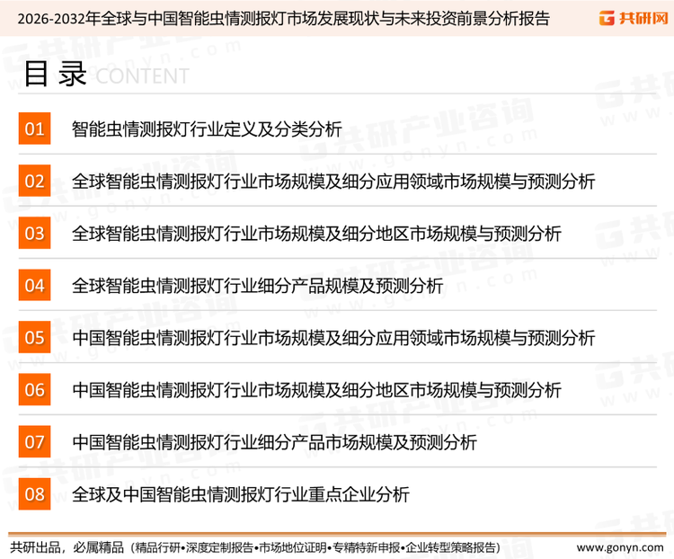 为确保智能虫情测报灯行业数据精准性以及内容的可参考价值，共研产业研究院团队通过上市公司年报、厂家调研、经销商座谈、专家验证等多渠道开展数据采集工作，并运用共研自主建立的产业分析模型，结合市场、行业和厂商进行深度剖析，能够反映当前市场现状、热点、动态及未来趋势，使从业者能够从多种维度、多个侧面综合了解当前智能虫情测报灯行业的发展态势。