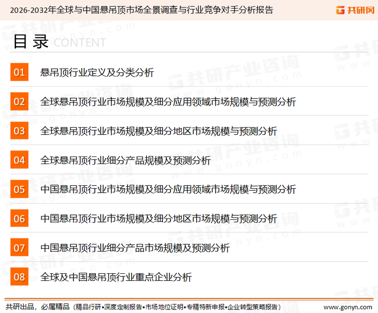 为确保悬吊顶行业数据精准性以及内容的可参考价值，共研产业研究院团队通过上市公司年报、厂家调研、经销商座谈、专家验证等多渠道开展数据采集工作，并运用共研自主建立的产业分析模型，结合市场、行业和厂商进行深度剖析，能够反映当前市场现状、热点、动态及未来趋势，使从业者能够从多种维度、多个侧面综合了解当前悬吊顶行业的发展态势。