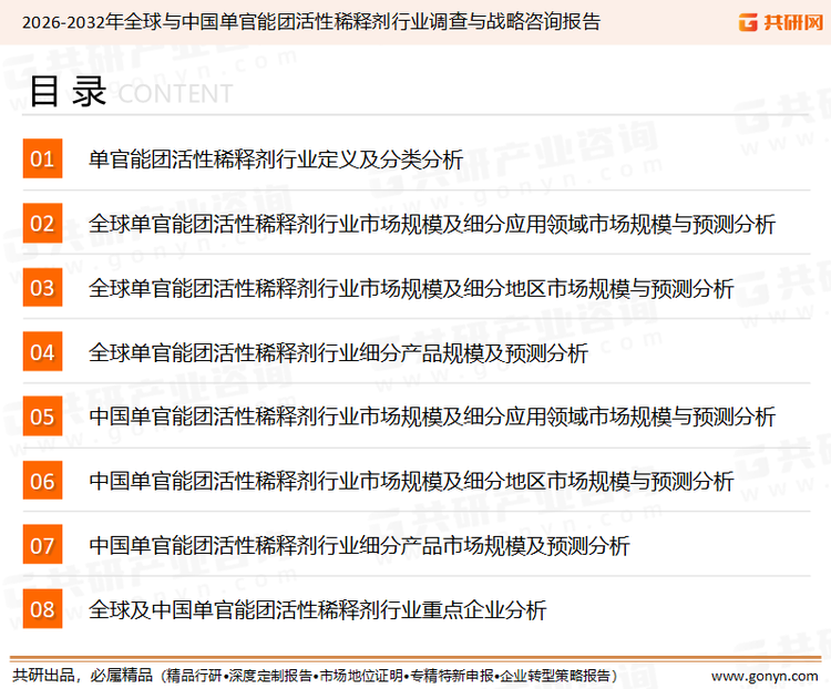 为确保单官能团活性稀释剂行业数据精准性以及内容的可参考价值，共研产业研究院团队通过上市公司年报、厂家调研、经销商座谈、专家验证等多渠道开展数据采集工作，并运用共研自主建立的产业分析模型，结合市场、行业和厂商进行深度剖析，能够反映当前市场现状、热点、动态及未来趋势，使从业者能够从多种维度、多个侧面综合了解当前单官能团活性稀释剂行业的发展态势。