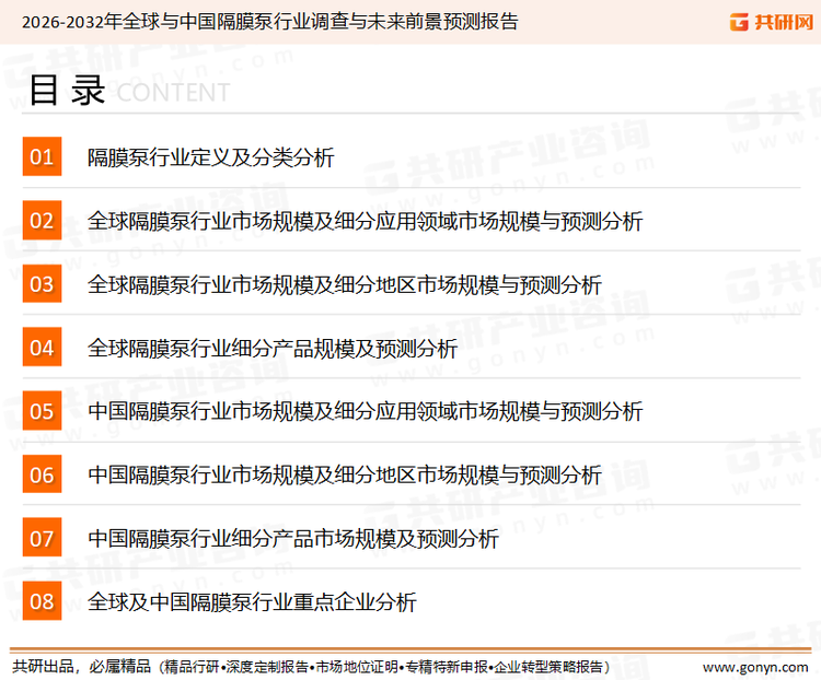 为确保隔膜泵行业数据精准性以及内容的可参考价值，共研产业研究院团队通过上市公司年报、厂家调研、经销商座谈、专家验证等多渠道开展数据采集工作，并运用共研自主建立的产业分析模型，结合市场、行业和厂商进行深度剖析，能够反映当前市场现状、热点、动态及未来趋势，使从业者能够从多种维度、多个侧面综合了解当前隔膜泵行业的发展态势。