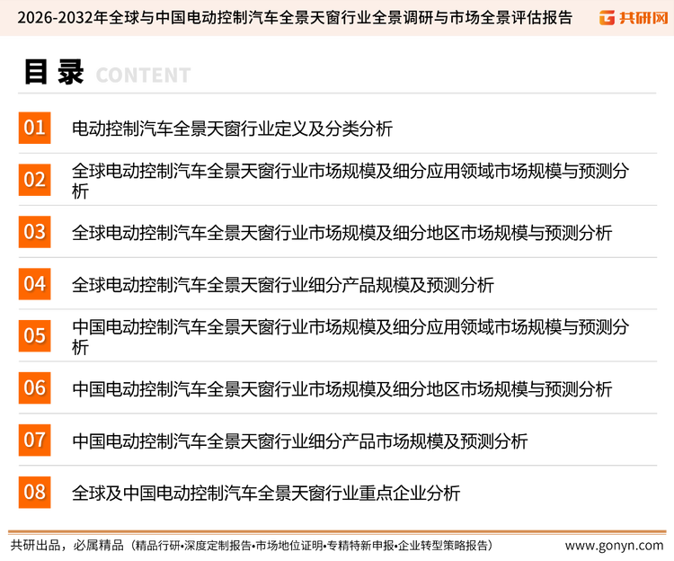 为确保电动控制汽车全景天窗行业数据精准性以及内容的可参考价值，共研产业研究院团队通过上市公司年报、厂家调研、经销商座谈、专家验证等多渠道开展数据采集工作，并运用共研自主建立的产业分析模型，结合市场、行业和厂商进行深度剖析，能够反映当前市场现状、热点、动态及未来趋势，使从业者能够从多种维度、多个侧面综合了解当前电动控制汽车全景天窗行业的发展态势。