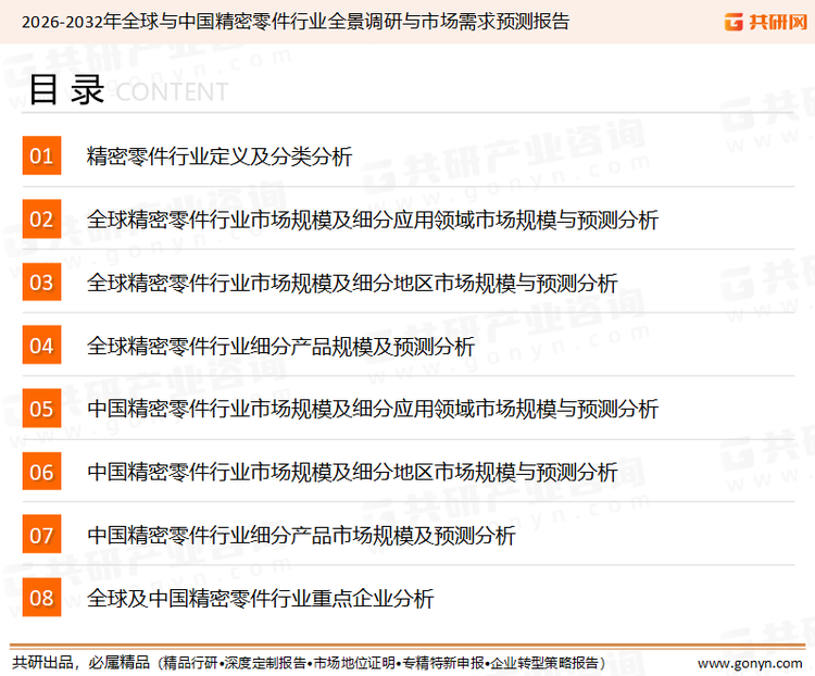 为确保精密零件行业数据精准性以及内容的可参考价值，共研产业研究院团队通过上市公司年报、厂家调研、经销商座谈、专家验证等多渠道开展数据采集工作，并运用共研自主建立的产业分析模型，结合市场、行业和厂商进行深度剖析，能够反映当前市场现状、热点、动态及未来趋势，使从业者能够从多种维度、多个侧面综合了解当前精密零件行业的发展态势。