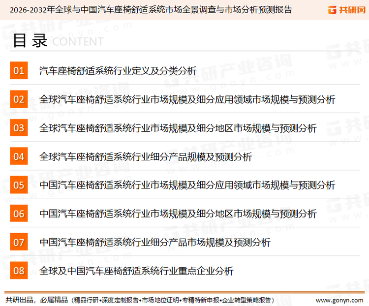 为确保汽车座椅舒适系统行业数据精准性以及内容的可参考价值，共研产业研究院团队通过上市公司年报、厂家调研、经销商座谈、专家验证等多渠道开展数据采集工作，并运用共研自主建立的产业分析模型，结合市场、行业和厂商进行深度剖析，能够反映当前市场现状、热点、动态及未来趋势，使从业者能够从多种维度、多个侧面综合了解当前汽车座椅舒适系统行业的发展态势。