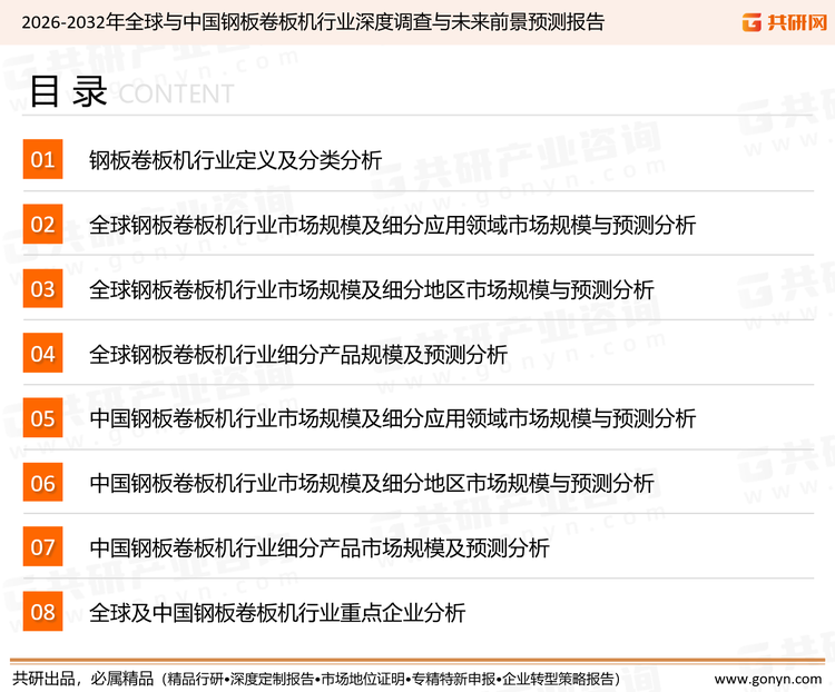 为确保钢板卷板机行业数据精准性以及内容的可参考价值，共研产业研究院团队通过上市公司年报、厂家调研、经销商座谈、专家验证等多渠道开展数据采集工作，并运用共研自主建立的产业分析模型，结合市场、行业和厂商进行深度剖析，能够反映当前市场现状、热点、动态及未来趋势，使从业者能够从多种维度、多个侧面综合了解当前钢板卷板机行业的发展态势。
