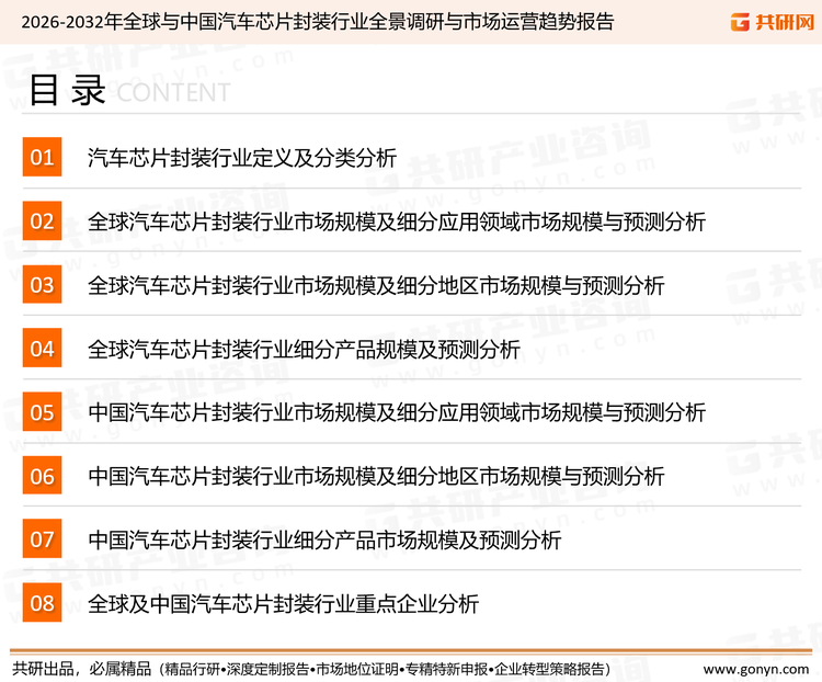 为确保汽车芯片封装行业数据精准性以及内容的可参考价值，共研产业研究院团队通过上市公司年报、厂家调研、经销商座谈、专家验证等多渠道开展数据采集工作，并运用共研自主建立的产业分析模型，结合市场、行业和厂商进行深度剖析，能够反映当前市场现状、热点、动态及未来趋势，使从业者能够从多种维度、多个侧面综合了解当前汽车芯片封装行业的发展态势。