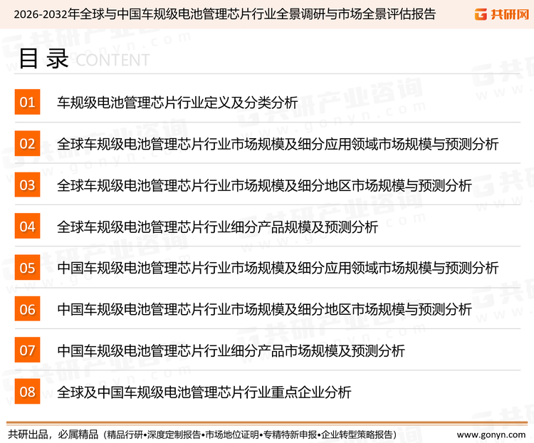 为确保车规级电池管理芯片行业数据精准性以及内容的可参考价值，共研产业研究院团队通过上市公司年报、厂家调研、经销商座谈、专家验证等多渠道开展数据采集工作，并运用共研自主建立的产业分析模型，结合市场、行业和厂商进行深度剖析，能够反映当前市场现状、热点、动态及未来趋势，使从业者能够从多种维度、多个侧面综合了解当前车规级电池管理芯片行业的发展态势。