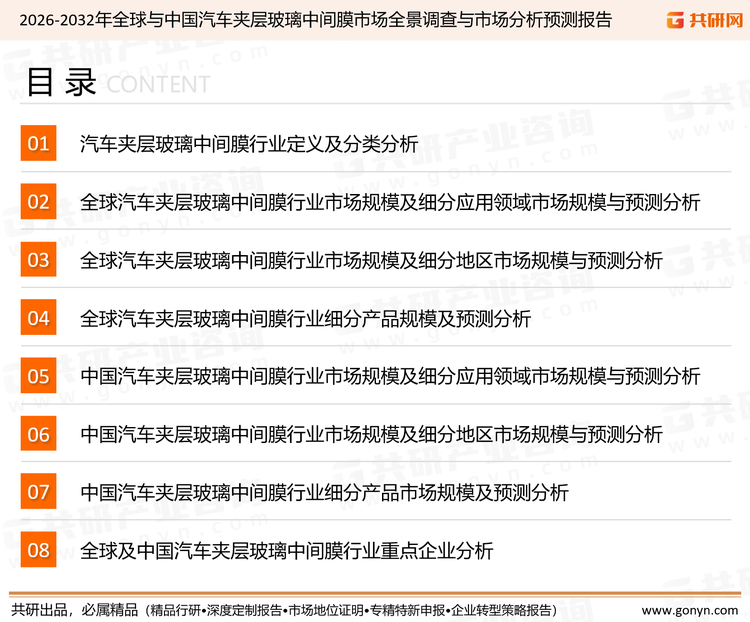 为确保汽车夹层玻璃中间膜行业数据精准性以及内容的可参考价值，共研产业研究院团队通过上市公司年报、厂家调研、经销商座谈、专家验证等多渠道开展数据采集工作，并运用共研自主建立的产业分析模型，结合市场、行业和厂商进行深度剖析，能够反映当前市场现状、热点、动态及未来趋势，使从业者能够从多种维度、多个侧面综合了解当前汽车夹层玻璃中间膜行业的发展态势。