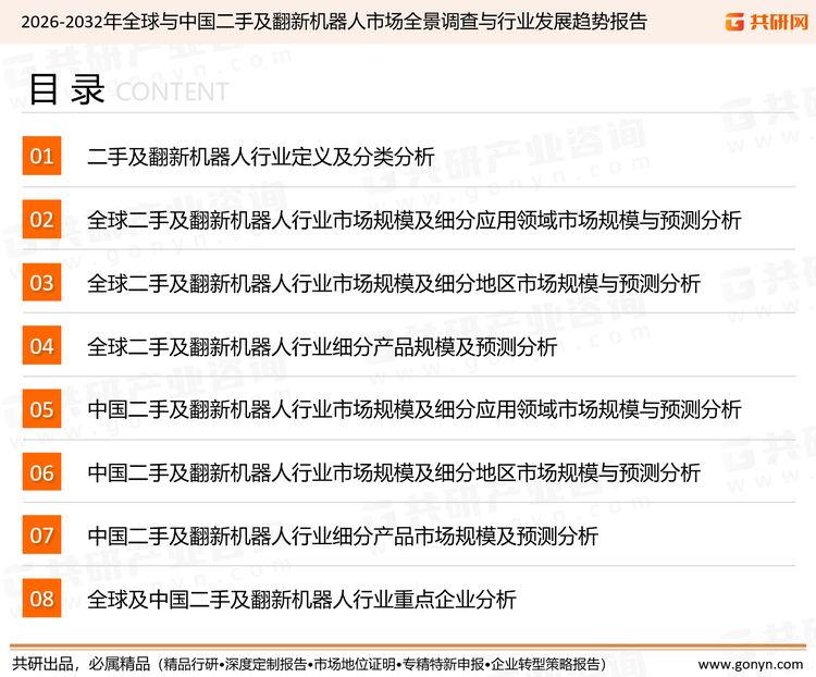 为确保二手及翻新机器人行业数据精准性以及内容的可参考价值，共研产业研究院团队通过上市公司年报、厂家调研、经销商座谈、专家验证等多渠道开展数据采集工作，并运用共研自主建立的产业分析模型，结合市场、行业和厂商进行深度剖析，能够反映当前市场现状、热点、动态及未来趋势，使从业者能够从多种维度、多个侧面综合了解当前二手及翻新机器人行业的发展态势。