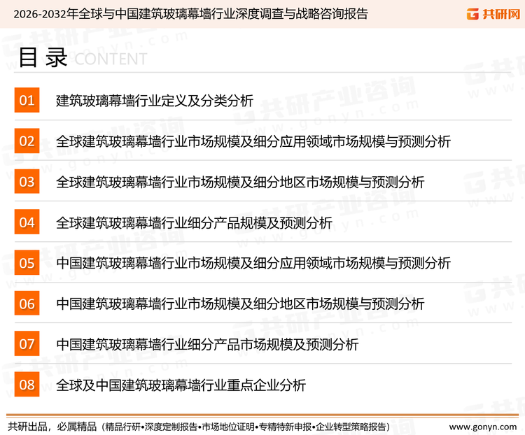 为确保建筑玻璃幕墙行业数据精准性以及内容的可参考价值，共研产业研究院团队通过上市公司年报、厂家调研、经销商座谈、专家验证等多渠道开展数据采集工作，并运用共研自主建立的产业分析模型，结合市场、行业和厂商进行深度剖析，能够反映当前市场现状、热点、动态及未来趋势，使从业者能够从多种维度、多个侧面综合了解当前建筑玻璃幕墙行业的发展态势。