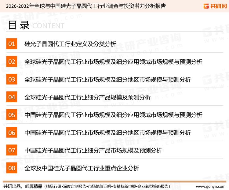为确保硅光子晶圆代工行业数据精准性以及内容的可参考价值，共研产业研究院团队通过上市公司年报、厂家调研、经销商座谈、专家验证等多渠道开展数据采集工作，并运用共研自主建立的产业分析模型，结合市场、行业和厂商进行深度剖析，能够反映当前市场现状、热点、动态及未来趋势，使从业者能够从多种维度、多个侧面综合了解当前硅光子晶圆代工行业的发展态势。
