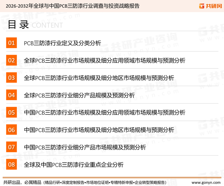 为确保PCB三防漆行业数据精准性以及内容的可参考价值，共研产业研究院团队通过上市公司年报、厂家调研、经销商座谈、专家验证等多渠道开展数据采集工作，并运用共研自主建立的产业分析模型，结合市场、行业和厂商进行深度剖析，能够反映当前市场现状、热点、动态及未来趋势，使从业者能够从多种维度、多个侧面综合了解当前PCB三防漆行业的发展态势。