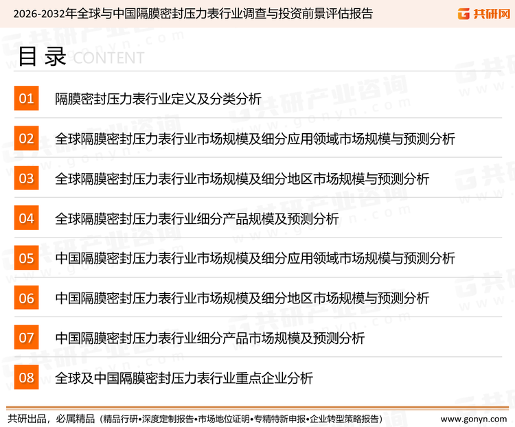 为确保隔膜密封压力表行业数据精准性以及内容的可参考价值，共研产业研究院团队通过上市公司年报、厂家调研、经销商座谈、专家验证等多渠道开展数据采集工作，并运用共研自主建立的产业分析模型，结合市场、行业和厂商进行深度剖析，能够反映当前市场现状、热点、动态及未来趋势，使从业者能够从多种维度、多个侧面综合了解当前隔膜密封压力表行业的发展态势。