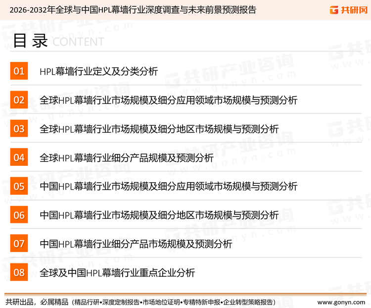 为确保HPL幕墙行业数据精准性以及内容的可参考价值，共研产业研究院团队通过上市公司年报、厂家调研、经销商座谈、专家验证等多渠道开展数据采集工作，并运用共研自主建立的产业分析模型，结合市场、行业和厂商进行深度剖析，能够反映当前市场现状、热点、动态及未来趋势，使从业者能够从多种维度、多个侧面综合了解当前HPL幕墙行业的发展态势。