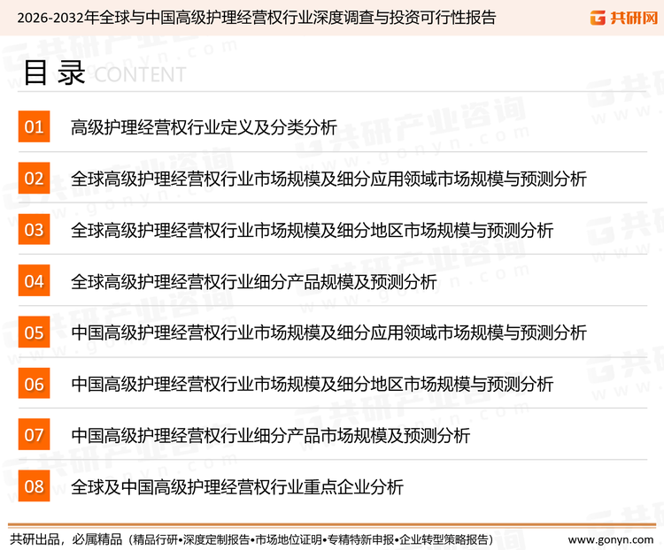 为确保高级护理经营权行业数据精准性以及内容的可参考价值，共研产业研究院团队通过上市公司年报、厂家调研、经销商座谈、专家验证等多渠道开展数据采集工作，并运用共研自主建立的产业分析模型，结合市场、行业和厂商进行深度剖析，能够反映当前市场现状、热点、动态及未来趋势，使从业者能够从多种维度、多个侧面综合了解当前高级护理经营权行业的发展态势。