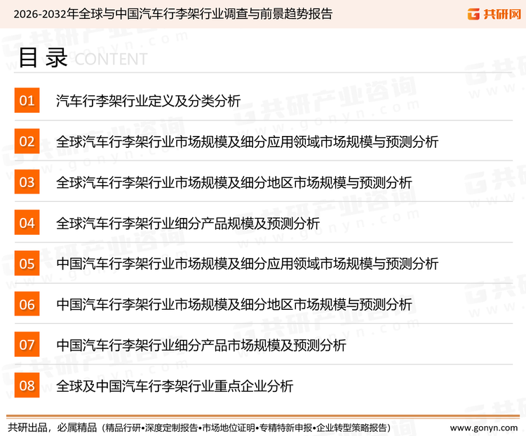 为确保汽车行李架行业数据精准性以及内容的可参考价值，共研产业研究院团队通过上市公司年报、厂家调研、经销商座谈、专家验证等多渠道开展数据采集工作，并运用共研自主建立的产业分析模型，结合市场、行业和厂商进行深度剖析，能够反映当前市场现状、热点、动态及未来趋势，使从业者能够从多种维度、多个侧面综合了解当前汽车行李架行业的发展态势。