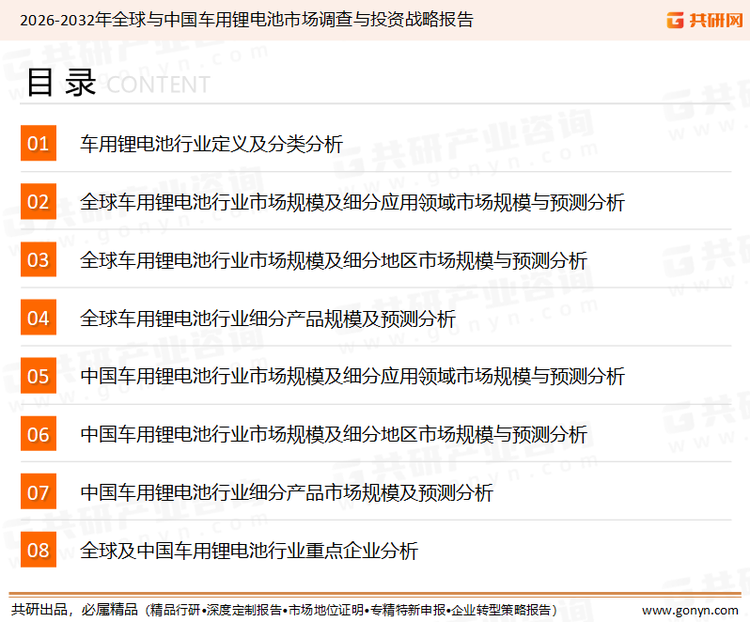 为确保车用锂电池行业数据精准性以及内容的可参考价值，共研产业研究院团队通过上市公司年报、厂家调研、经销商座谈、专家验证等多渠道开展数据采集工作，并运用共研自主建立的产业分析模型，结合市场、行业和厂商进行深度剖析，能够反映当前市场现状、热点、动态及未来趋势，使从业者能够从多种维度、多个侧面综合了解当前车用锂电池行业的发展态势。