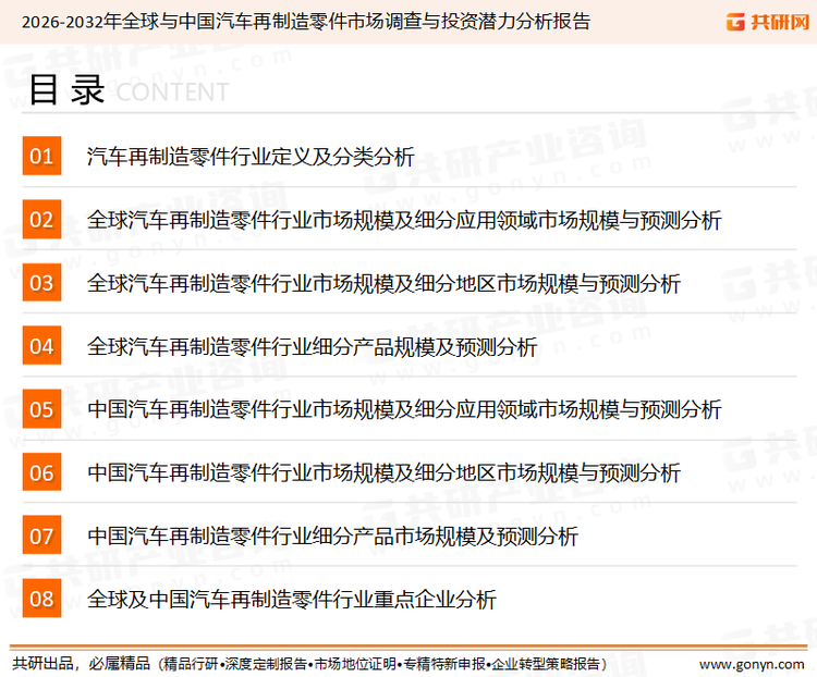 为确保汽车再制造零件行业数据精准性以及内容的可参考价值，共研产业研究院团队通过上市公司年报、厂家调研、经销商座谈、专家验证等多渠道开展数据采集工作，并运用共研自主建立的产业分析模型，结合市场、行业和厂商进行深度剖析，能够反映当前市场现状、热点、动态及未来趋势，使从业者能够从多种维度、多个侧面综合了解当前汽车再制造零件行业的发展态势。