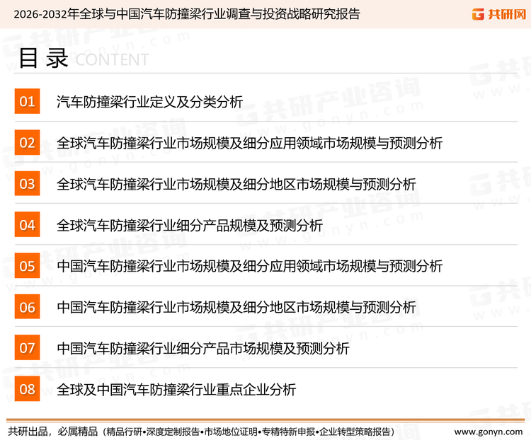 为确保汽车防撞梁行业数据精准性以及内容的可参考价值，共研产业研究院团队通过上市公司年报、厂家调研、经销商座谈、专家验证等多渠道开展数据采集工作，并运用共研自主建立的产业分析模型，结合市场、行业和厂商进行深度剖析，能够反映当前市场现状、热点、动态及未来趋势，使从业者能够从多种维度、多个侧面综合了解当前汽车防撞梁行业的发展态势。