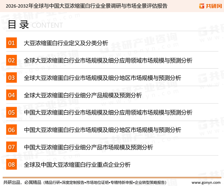 为确保大豆浓缩蛋白行业数据精准性以及内容的可参考价值，共研产业研究院团队通过上市公司年报、厂家调研、经销商座谈、专家验证等多渠道开展数据采集工作，并运用共研自主建立的产业分析模型，结合市场、行业和厂商进行深度剖析，能够反映当前市场现状、热点、动态及未来趋势，使从业者能够从多种维度、多个侧面综合了解当前大豆浓缩蛋白行业的发展态势。